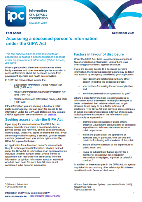 Image of accessing deceased person's health information fact sheet
