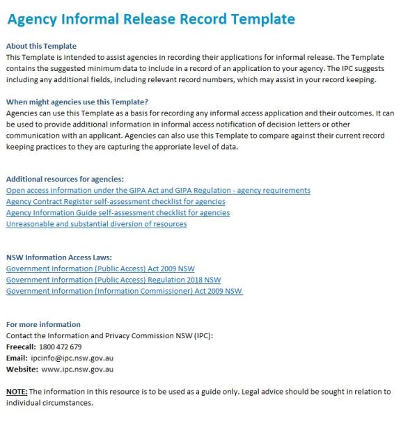Agency Informal Release Template Record